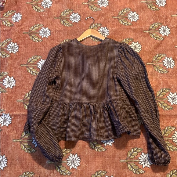 notPERFECTlinen Lourdes Top Chocolate Check S/M Women's Top - Picture 6 of 7